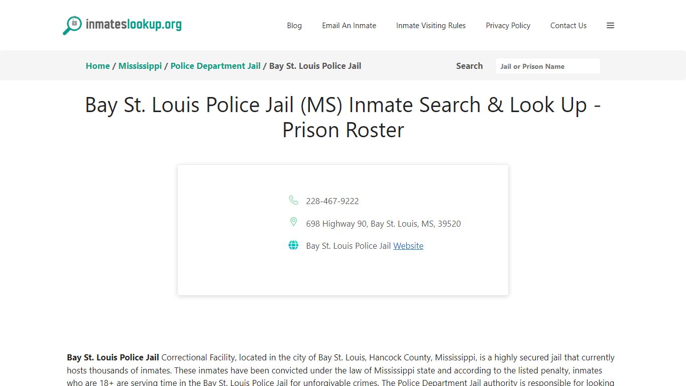 Bay St. Louis Police Jail (MS) Inmate Search & Look Up - Prison Roster